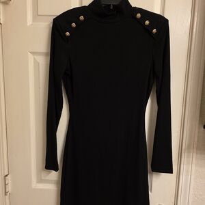 Walter Baker Black Ribbed Long-Sleeve Dress with Gold Buttons